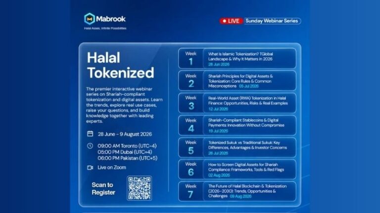 Halal Tokenized Sunday Webinar Series 2026 by Al Mabrook Financial featuring seven online webinars on Islamic tokenization, digital assets and blockchain.