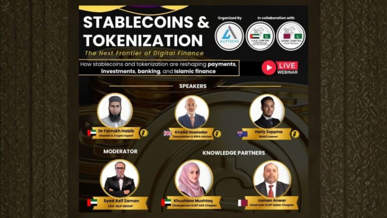 Promotional banner for the Stablecoins and Tokenization webinar discussing digital finance, banking, investments, and Islamic finance.