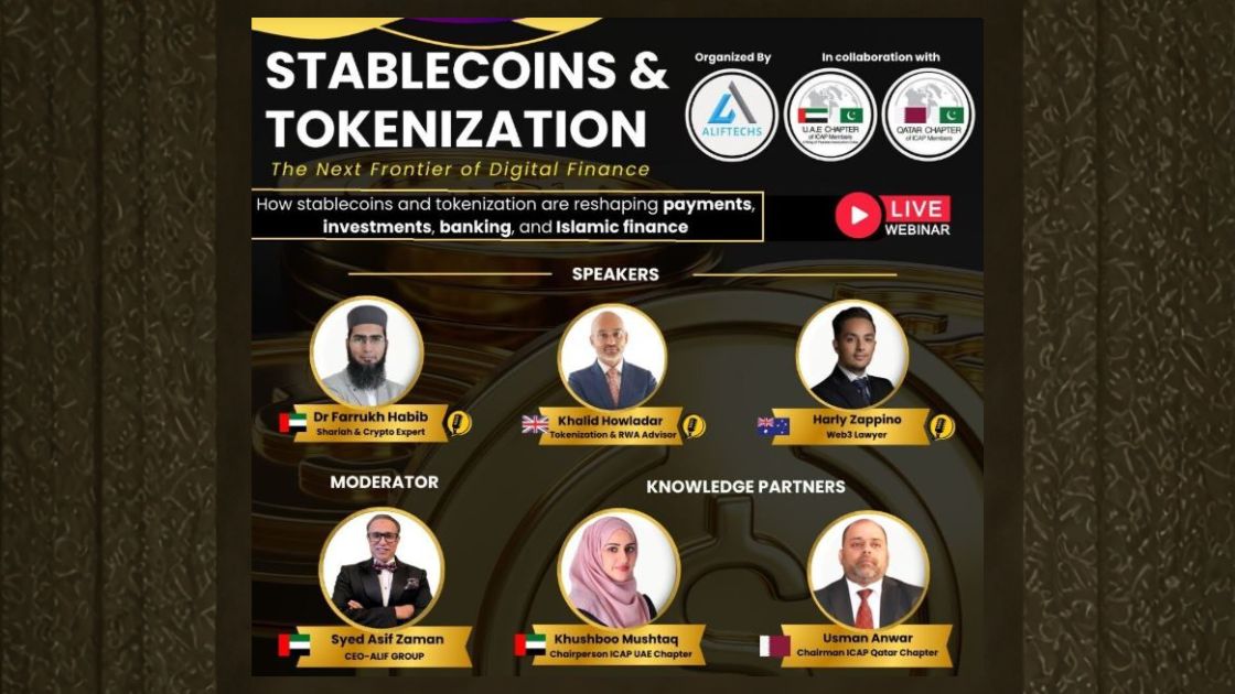 Promotional banner for the Stablecoins and Tokenization webinar discussing digital finance, banking, investments, and Islamic finance.