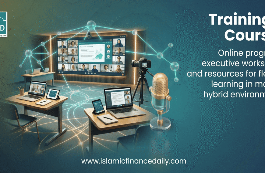 3D isometric hybrid classroom with desks, laptops, a virtual video conference screen showing online participants, and a golden microphone on a dark teal background.
