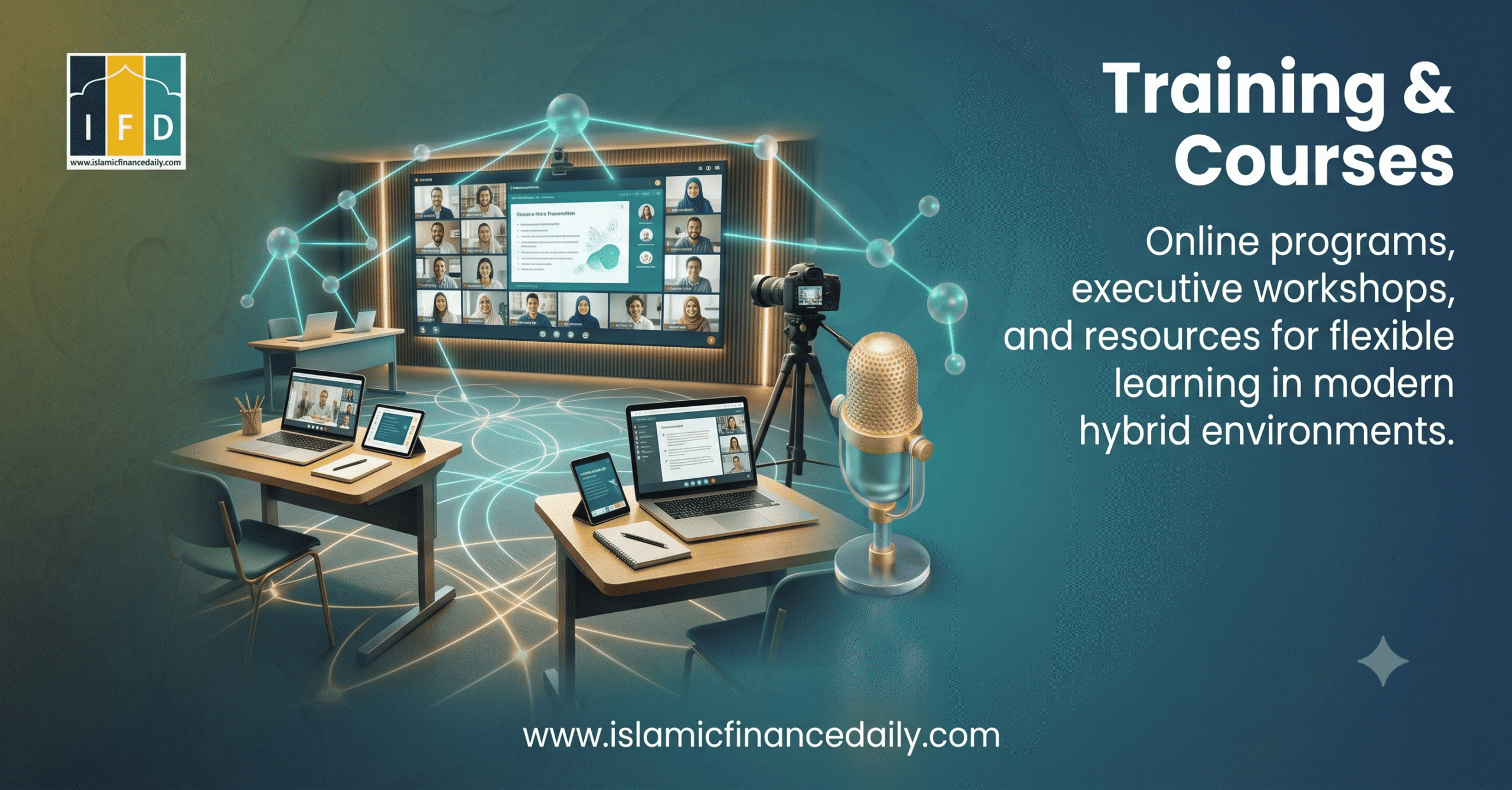 3D isometric hybrid classroom with desks, laptops, a virtual video conference screen showing online participants, and a golden microphone on a dark teal background.