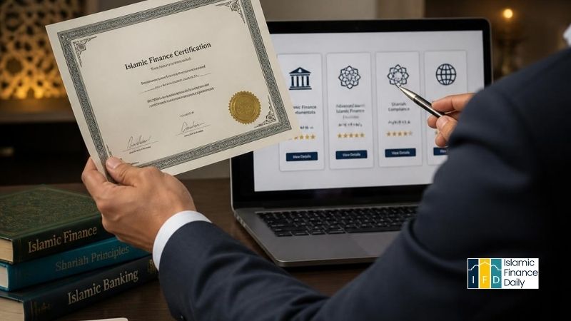 Illustration representing Islamic finance certifications for beginners, featuring professional study materials, a laptop, books, and a generic certificate symbolizing learning and career development in Islamic finance.