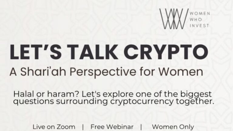 Promotional banner for the "Is Crypto Halal?" educational webinar hosted by Women Who Invest.