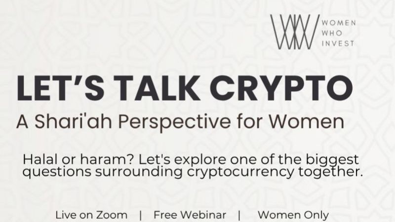 Promotional banner for the "Is Crypto Halal?" educational webinar hosted by Women Who Invest.