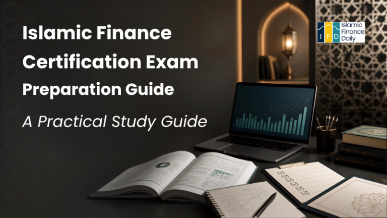 Islamic finance certification exam preparation study guide featuring books, study notes, a checklist, and a laptop displaying financial charts.