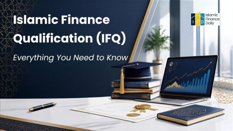 Featured illustration for the Islamic Finance Qualification (IFQ) guide, showing study books, a graduation cap, a laptop displaying financial charts, and a professional certificate representing Islamic finance education.