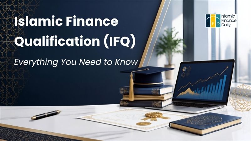 Featured illustration for the Islamic Finance Qualification (IFQ) guide, showing study books, a graduation cap, a laptop displaying financial charts, and a professional certificate representing Islamic finance education.