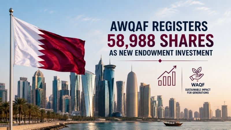 Qatar skyline and flag representing a new endowment investment of 58,988 shares