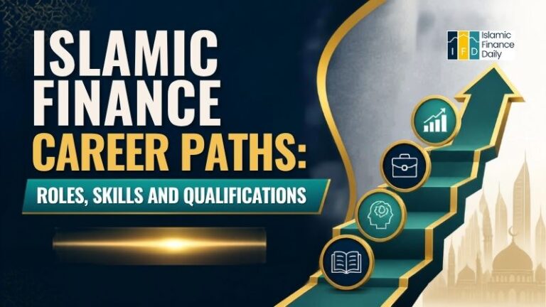 Illustration showing career paths in Islamic finance, including Islamic banking, sukuk and capital markets, takaful, asset management, Shariah advisory, fintech, research, and compliance.