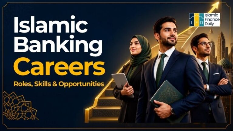 Three individuals exploring career opportunities in Islamic banking.