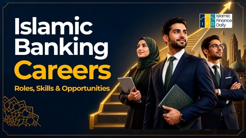 Three individuals exploring career opportunities in Islamic banking.